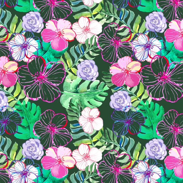 Tropical Bright Seamless Pattern Pink Flowers Watercolor Style — Stock Photo, Image