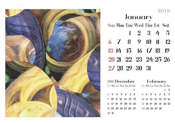art calendar 2019 with  oil paintig. Tropical design. Table template calendar. Week starts from Sunday, January