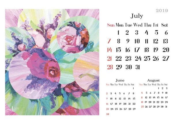 Calendario Arte 2019 Con Pintura Óleo Diseño Tropical Calendario Plantilla — Foto de Stock