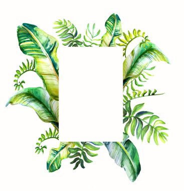 Tropik yaprakları ile kart seti. Çiçek tebrik kartı. Davetiyeler, düğün ve herhangi bir tasarım için şablon . Çerçeve dikdörtgen. Anahat çiçek. altın ve yeşil yapraklar