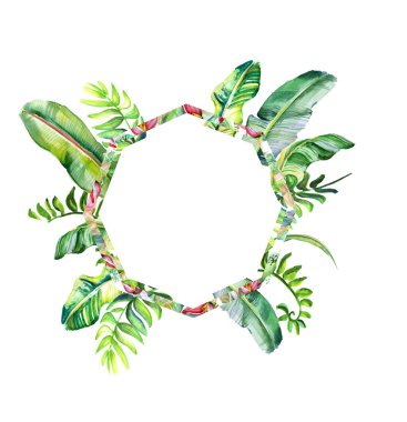 Tropikal yaprakları ile kart seti . Egzotik Çiçek tebrik kartı. Davetiyeler, düğün ve herhangi bir tasarım için şablon . Desen Çerçevesi