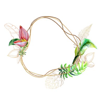 Tropikal yaprakları ve çiçekleri ile kart seti. Çiçek tebrik kartı. Davetiyeler, düğün ve herhangi bir tasarım için şablon . altın çerçeve