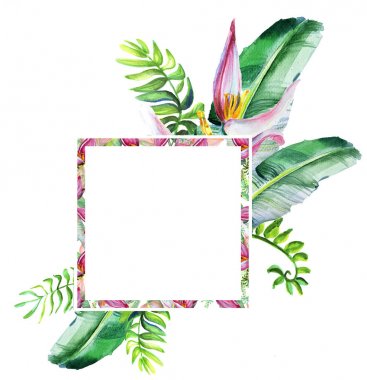 Set of card with tropical leaves and flowers. Floral greeting card. Template for invitations, wedding and any design . Square template, pattern frame clipart