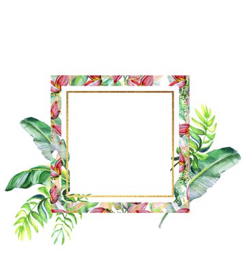 Tropikal yaprakları ve çiçekleri ile kart seti. Çiçek tebrik kartı. Davetiyeler, düğün ve herhangi bir tasarım için şablon . Kare şablon, desen çerçevesi