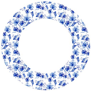 Folk gzhel tarzında mavi suluboya çiçek arkaplanlı suluboya kart. Tebrik etmek için el çizimi şablonu, Noel, düğün kartı ya da mesaj için yeri olan davetiyeler. Zarif dantel çerçeve