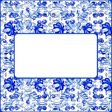 Folk gzhel tarzında mavi suluboya çiçek arkaplanlı suluboya kart. Tebrik kartı veya davetiyeler için el çizimi dekoratif şablon, şirket adı için yer olan kartvizitler veya hediye etiketleri.