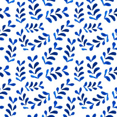 Mavi çiçekli ve dantelli suluboya desenli folklorik gzhel tarzı. El boyama süsü. Rus çiçekli arka planı. Selamlama, Noel, düğün bakterileri veya tekstil, duvar kağıtları için