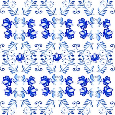 Mavi çiçekli ve dantelli suluboya desenli folklorik gzhel tarzı. El boyama süsü. Rus çiçekli arka planı. Selamlama, Noel, düğün bakterileri veya tekstil, duvar kağıtları için