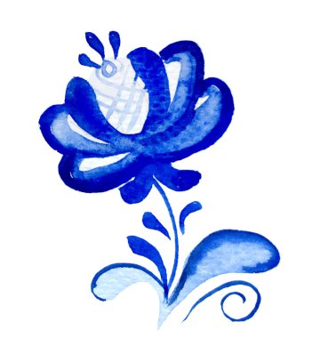 Folk gzhel tarzında suluboya çiçek unsuru mavi renk. Kutlama, Noel, düğün tasarımı ya da davetiyeler için el yapımı güzel çiçekler. Motif çiçek. Zarif dantel süsleme. İndigo, kobalt