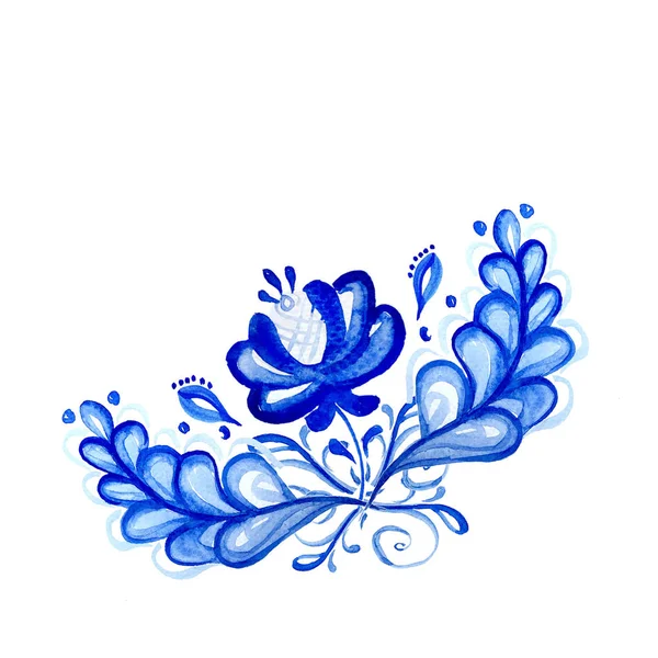 Akvarell Virág Elrendezése Kék Gzhel Stílusban Kézrajz Dekoratív Virágos Design — Stock Fotó