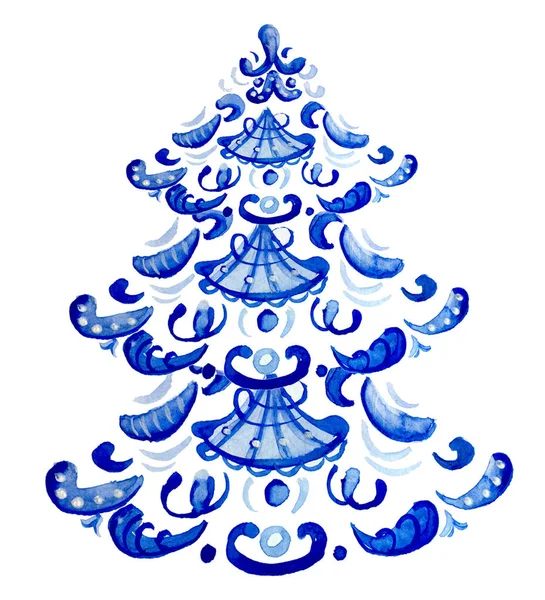Folk gzhel tarzında mavi renkte suluboya Noel ağacı. Elle çizilmiş çok güzel bir bağbozumu, Noel tasarımı. Motif. - Mutlu yıllar. Zarif dantel süsleme. İndigo, kobalt. Poster