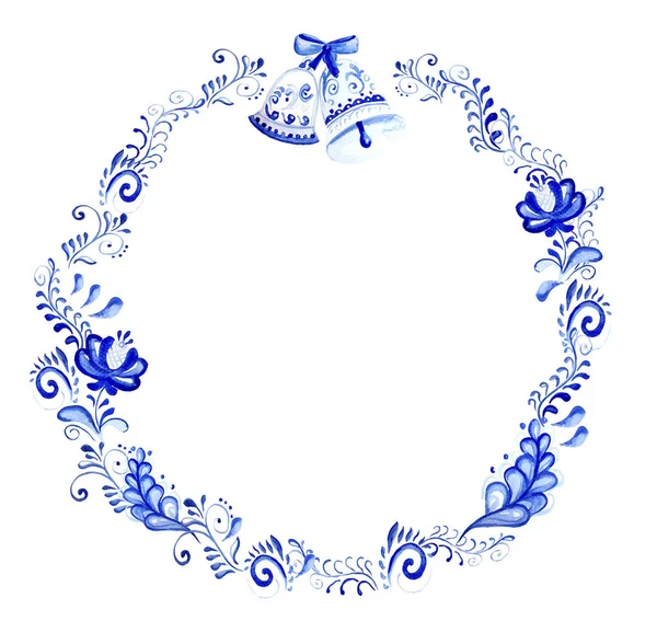 Aquarel Kaart Met Blauwe Aquarel Bloemen Achtergrond Folk Gzhel Stijl — Stockfoto
