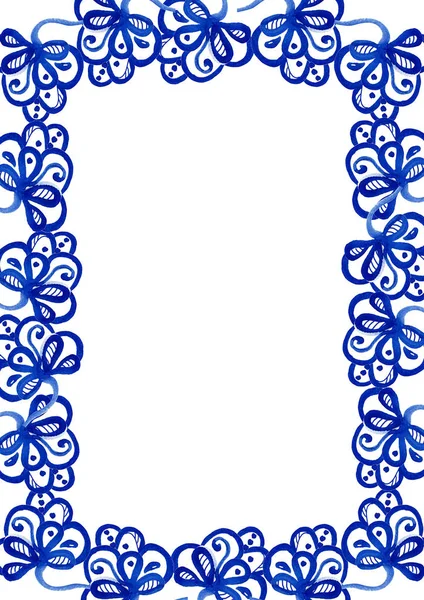 Watercolor Frame with blue watercolor floral background in folk gzhel style. Hand drawn template for greeting, christmas, wedding card or invitations  with space for text. Elegant lace frame