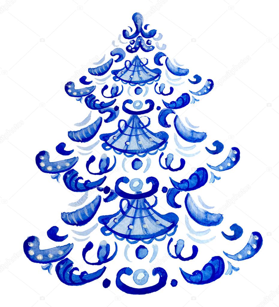 Watercolor Christmass tree in  blue color  in folk gzhel style. Hand drawn beautifull vintage for greeting, christmas design. Motif. Happy New Year. Elegant lace ornate.  Indigo, cobalt. Poster