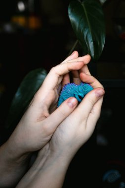      tığ işi boncuk ile mavi bukalemun 