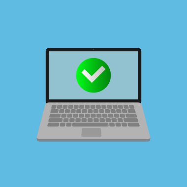 Laptop vector. Onay işareti. Düz simge illüstrasyon.