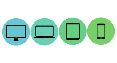 Modern düz simgeler. Monitör, tablet, dizüstü bilgisayar ve akıllı telefon kümesi. Vektör çizim.