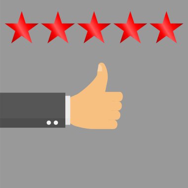 Başparmak yukarı pozitif beş yıldızlı geribildirim işaret. Rating, değerlendirme, başarı, geribildirim, İnceleme, kalite ve yönetim konsepti.