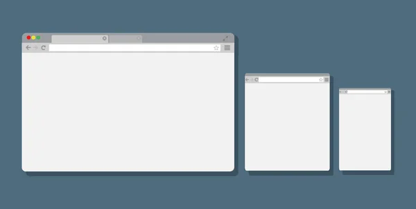 Conjunto de janelas de navegador em branco planas para diferentes dispositivos. Computador, tablet, telefone. Ilustração vetorial . —  Vetores de Stock
