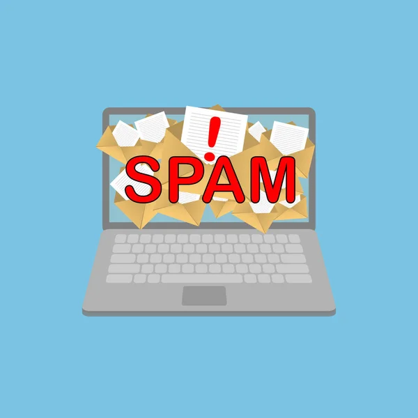 Spam E-mail waarschuwingsvenster verschijnen op het scherm van de Laptop. Concept van virus, piraterij, hacking en veiligheid. Envelop met spam. De banner van de website van e-bescherming, anti-malware software. Platte vector. — Stockvector