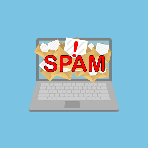 Spam Email janela de aviso aparecem na tela do laptop. Conceito de vírus, pirataria, pirataria e segurança. Envelope com spam. Banner do site de proteção de e-mail, software anti-malware. Vetor plano . —  Vetores de Stock