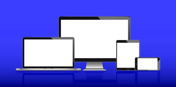 Realistische set van monitor, laptop, Tablet, smartphone op een blauwe achtergrond. — Stockvector