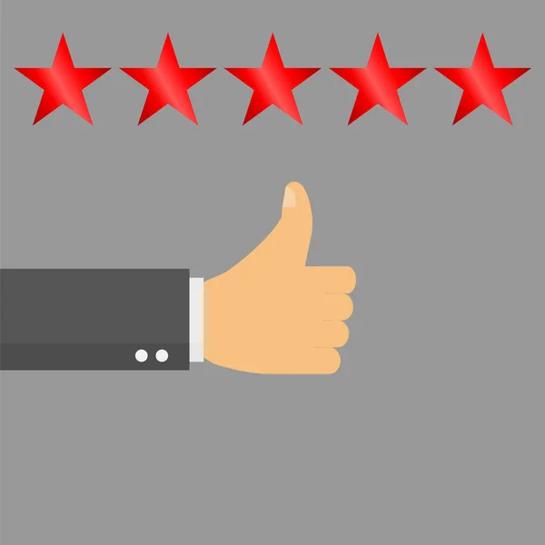 Pollice verso l'alto indicando un feedback positivo a cinque stelle. Valutazione, valutazione, successo, feedback, revisione, qualità e concetto di gestione . — Vettoriale Stock