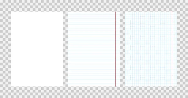 Realistische quadratische und linierte Papierbögen aus Notizbuch oder Copybook. Vektorillustration. eps10 — Stockvektor