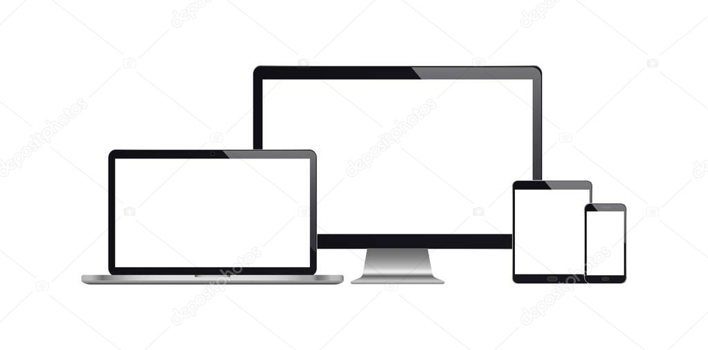 Realistic set of monitor, laptop, tablet, smartphone. Vector illustration. EPS10