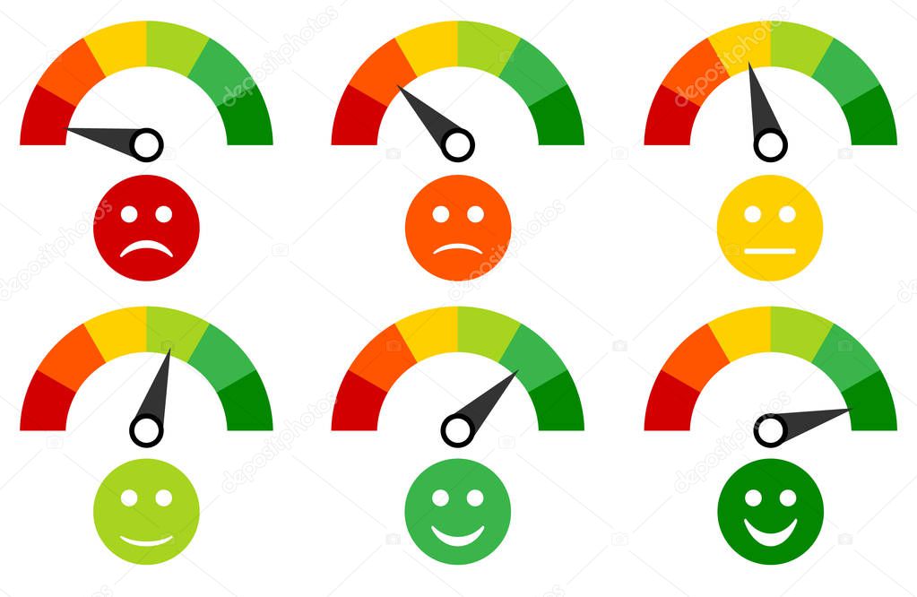 Scale arrow and scale of emotions. Smile icons. Vector illustration.