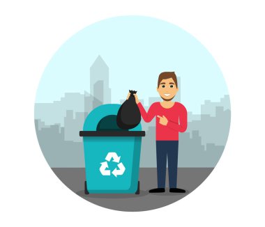Çöp geri dönüşümü. Karakter çöp torbasını çöp kutusuna atar. Çevre Koruma.