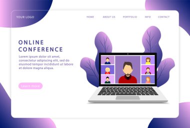 İnternetteki konferans. Video konferansı. İniş sayfası. Web siteleri için modern web sayfaları.