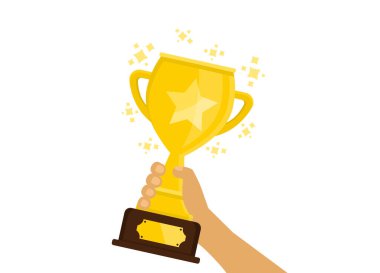 Elin altın bardakta. Başarının sembolü. Birincilik ödülü. Düz biçim.