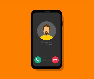 Telefonla gelen arama. Gelen aramalı akıllı telefon ekranı. Telefon arayüzü. Düz biçim