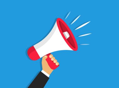 Hoparlör elimde. Çizgi film tarzında megafon. Vektör illüstrasyonu