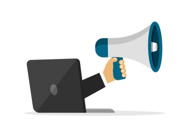 Elde megafon. Dizüstü bilgisayardan. Uzaktan kumanda. Çizgi film tarzında hoparlör. Duyuru için.