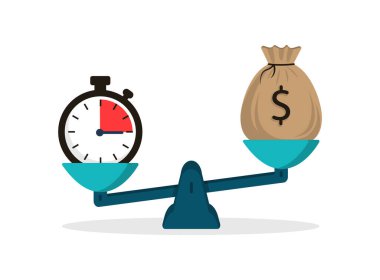 Vakit nakittir. Saat ve para kavramı terazinin üzerinde düz bir şekilde. Kronometre ve para çantası.