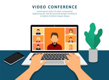 Bilgisayarda video konferansı. Çevrimiçi toplantı. Karantinaya alın. Mokup video çağrıları.