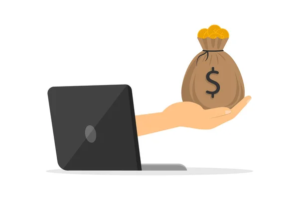 Egy Kéz Egy Pénzes Táskát Egy Laptopból Internet Bevételei Online — Stock Vector