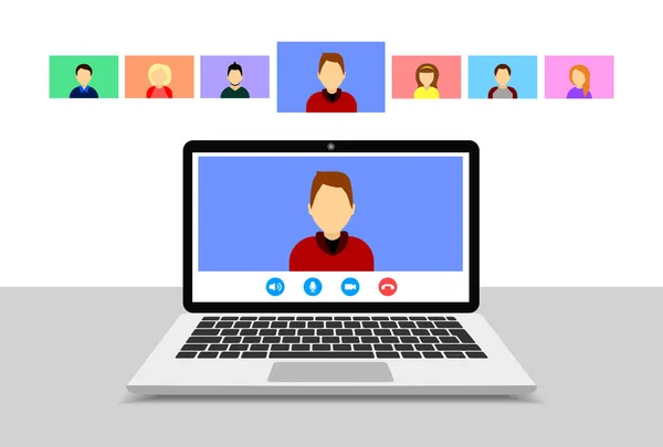 Videoconferência Sobre Laptop Reunião Online Chamada Vídeo Grupo Estilo Plano — Vetor de Stock