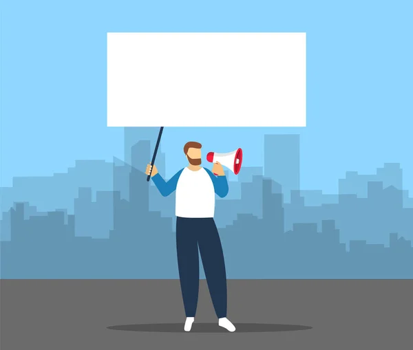 Homem Com Megafone Mão Com Cartaz Vazio Para Texto Protesto — Vetor de Stock