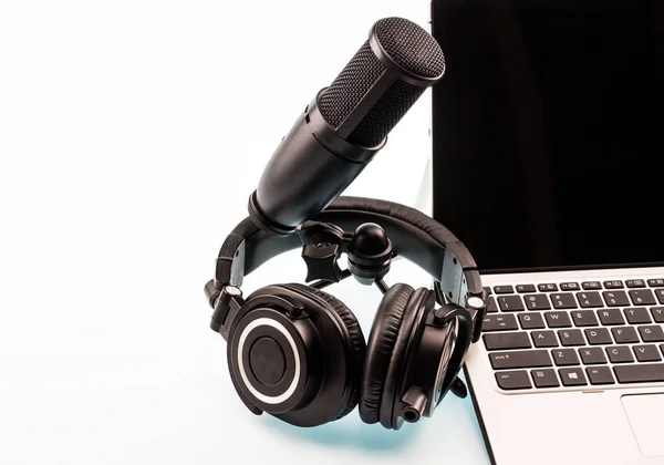 Computer equipment. Computer, close-up headphones with microphone