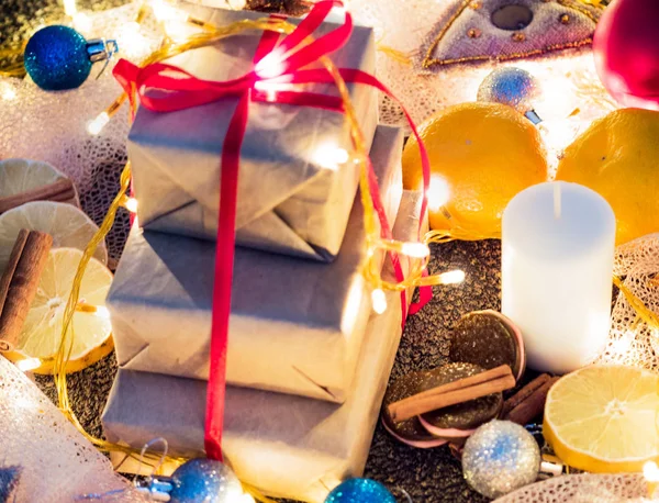 Presentes Para Fecho Natal Lado Decorações Natal Doces — Fotografia de Stock