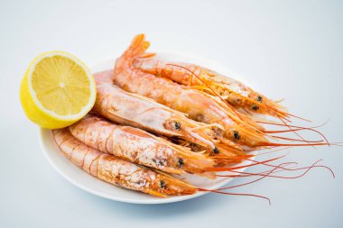 Arjantin kerevitleri ve beyaz bir arka plan üzerinde beyaz bir plaka üzerinde yarım limon yakın çekim