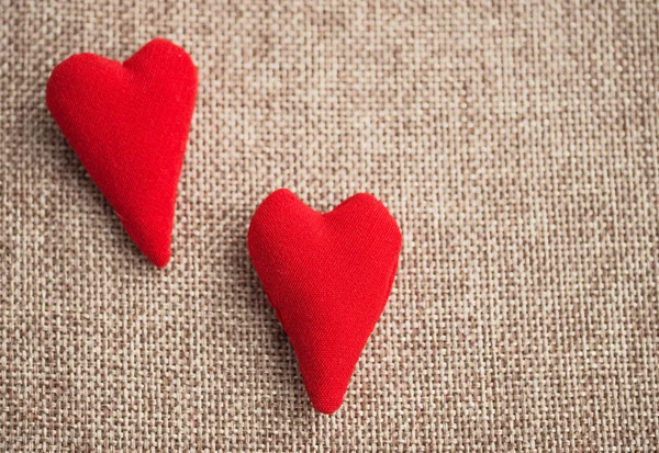 Two Volumetric Hearts Made Cloth Background Blurred Background Natural Flax — Stock Photo, Image