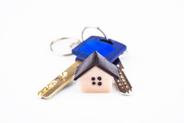 Evi yakın çekim düzeni. Evin arkasında daire halkası üzerinde iki anahtarları. Arka plan beyaz, bulanık