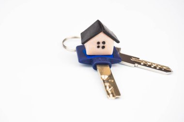 Beyaz bir arka plan üzerinde daire anahtarları üstte küçük ev simge yoktur. Ev, arka plan ekran koruyucu. Arka plan beyaz, bulanık. Boşaltmak imzalamak için bir yer var.