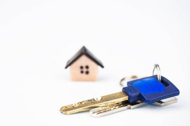 Metal halka yakın çekim üzerinde dairenin anahtarları. Arka planda, evin düzeni bulanık. Arka plan beyaz, bulanık. Boşaltmak