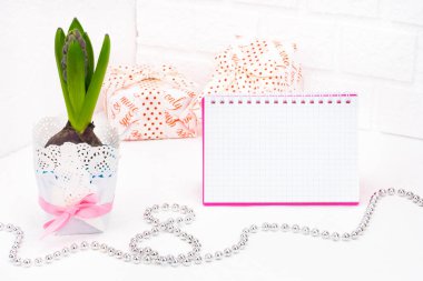 Dünya Kadınlar gününde romantik selamlar. Vintage sarmalayıcı bahar çiçeklenir. Bir tencerede beyaz sümbül. Hediyeler şenlikli ambalaj kutuları. Defter pembe bir kapak ile imza için bir yer yoktur. Gümüş boncuk kaplı 8 bul. Kavramı o