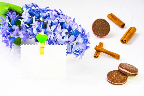 Kompozycja Kwiat Niebieski Hiacynt Leży Tle Liczba Dań Ciasteczka Czekoladowe — Zdjęcie stockowe